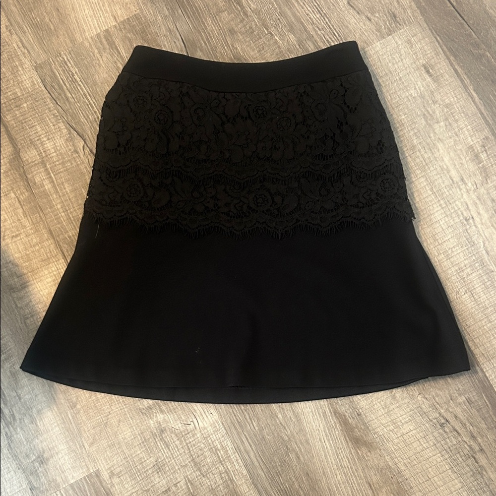 CAbi Black A-Line Skirt with Lace Overlay